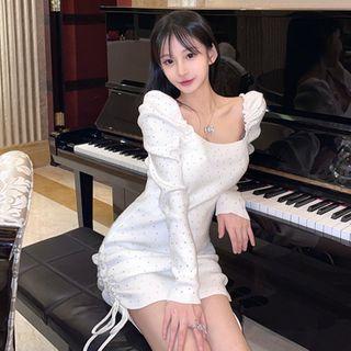 Puff-sleeve Rhinestone Drawstring A-line Dress