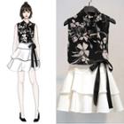 Set: Sleeveless Floral Chiffon Top + Ribbon Tiered Mini Skirt