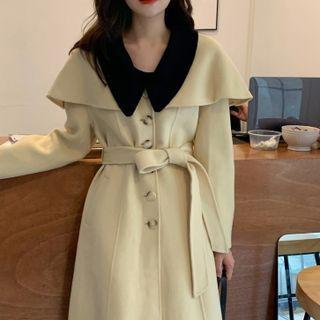 Contrast Collar Tie-waist Button Coat