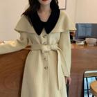 Contrast Collar Tie-waist Button Coat