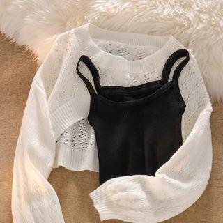Long-sleeve Plain Knit Top / Plain Camisole Top