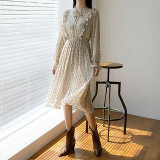 Tie-neck Frilled Floral Midi Pleated Dress