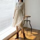 Tie-neck Frilled Floral Midi Pleated Dress