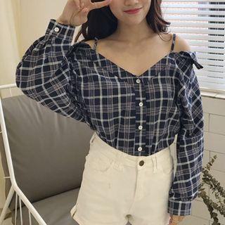 Plaid Cold Shoulder Long-sleeve Shirt