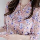 Tie-neck 3/4-sleeve Floral Chiffon Blouse