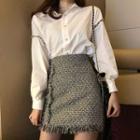 Long-sleeve Shirt /high-waist Tweed Skirt