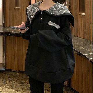 Sailor Collar Loose-fit Top / Black Straight-cut Pants