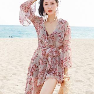 Set: Print Bikini + Floral Print Chiffon Cover Up