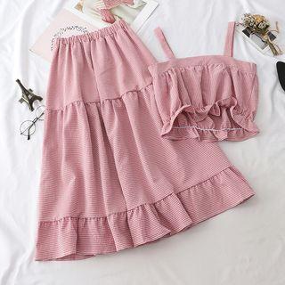 Set: Sleeveless Frill Trim Gingham Top + A-line Midi Skirt