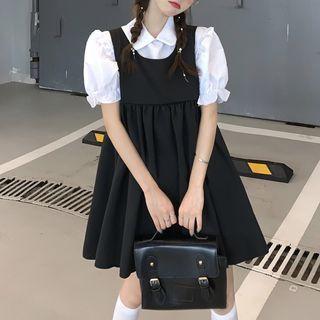 Puff-sleeve Plain Shirt / Plain A-line Back Strap Mini Skirt