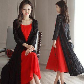 Set: Spaghetti Strap Midi A-line Dress + Lace Open-front Jacket