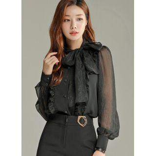 Tie-neck Frilled Paneled Blouse Black - One Size