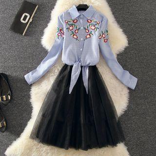 Set: Floral Embroidered Long-sleeve Shirt + Strappy A-line Dress