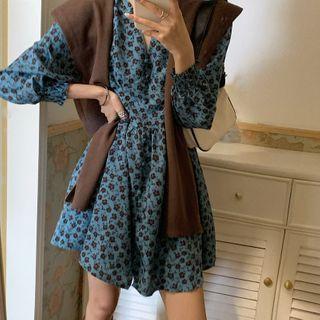 Puff-sleeve Floral Print A-line Dress / Cape