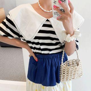 Wide-collar Striped Top Black - One Size