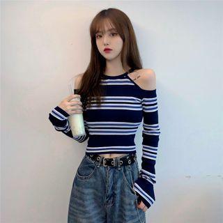 Cold Shoulder Knit Top Stripe - Blue - One Size