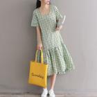 Short-sleeve Check Midi A-line Dress