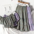 Set: Short-sleeve Off-shoulder Plaid Top + A-line Skirt