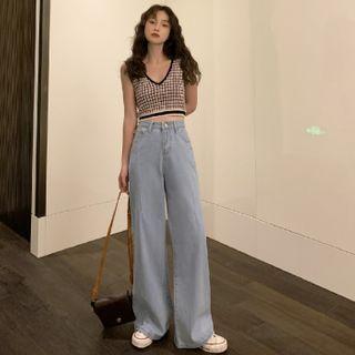Plaid Knit Vest / Wide Leg Jeans