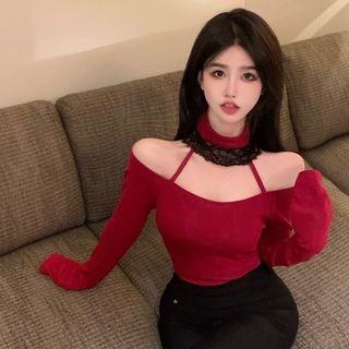 Lace Trim Cold Shoulder T-shirt Red - One Size