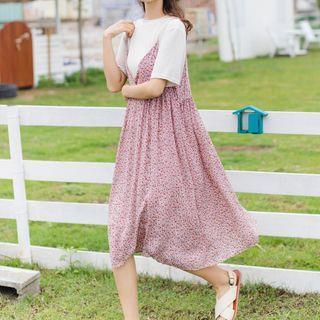 Plain Short-sleeve T-shirt / Spaghetti-strap Floral Print Chiffon A-line Dress