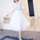 V-neck Lace Trim Short-sleeve Midi A-line Dress
