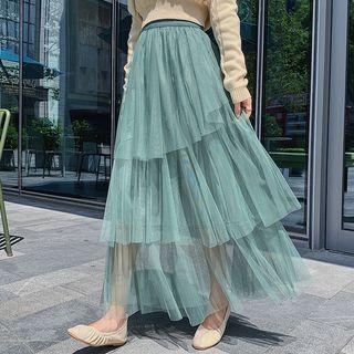 Mesh High-waist Maxi A-line Skirt