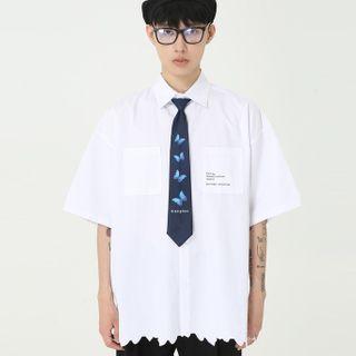 Short-sleeve Letter Printed Shirt + Butterfly Printed Tie