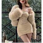 Fluffy Jacket / Corset Belt / Strapless Mini Sheath Dress