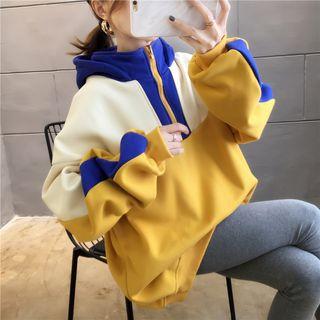 Fleece-lined Color Panel Half-zip Hoodie