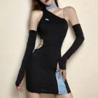 Set: Spaghetti-strap Asymmetrical Mini Sheath Dress + Oversleeves