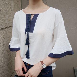 Tasseled Contrast Trim Elbow Sleeve Top