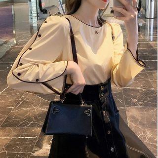 Contrast Trim Button Long-sleeve Blouse