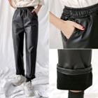 Fleece-lined Faux-leather Baggy Pants One Size
