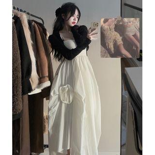 Long-sleeve Crop Top / Spaghetti Strap Flower Detail Midi A-line Dress