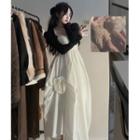 Long-sleeve Crop Top / Spaghetti Strap Flower Detail Midi A-line Dress