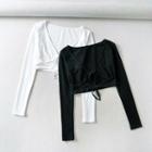Long-sleeve V-neck Lace-up Front Cropped Top