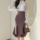 Set: Ruffled Button-up Blouse + Lace Trim Midi Mermaid Skirt + Bow Tie
