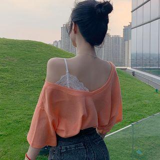 Lace Panel V-neck Elbow-sleeve T-shirt