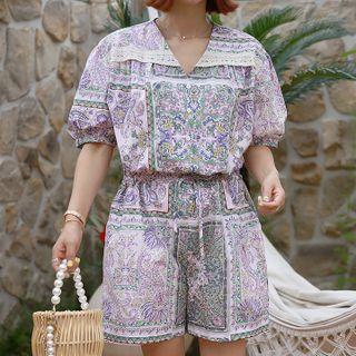 Drawstring-waist Paisley Print Playsuit