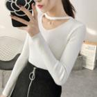 Faux-pearl Cutout Ribbed Knit Top
