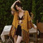 3/4-sleeve Printed Light Jacket Yellow - One Size