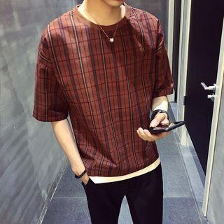 Mock Two-piece Plaid Short-sleeve T-shirt