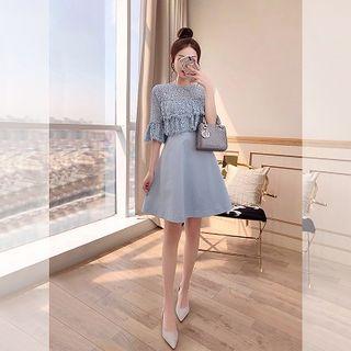 Elbow-sleeve Lace Paneled A-line Mini Dress