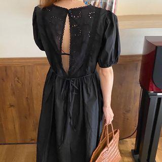 Short-sleeve Eyelet Lace Open-back A-line Midi Dress