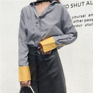 Contrast Cuff V-neck Striped Blouse
