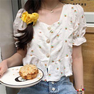 Faux-pearl Button Puff-sleeve Floral Blouse