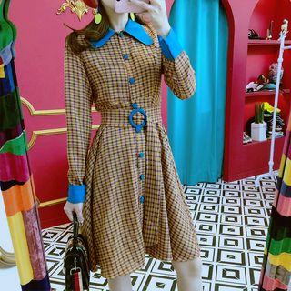 Belted Long-sleeve Plaid Shirt Dress