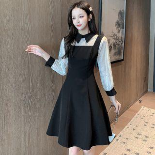 Polo Collar Panel Mesh Sleeve A-line Dress