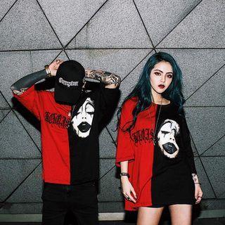 Short-sleeve Two-tone Panel Print T-shirt